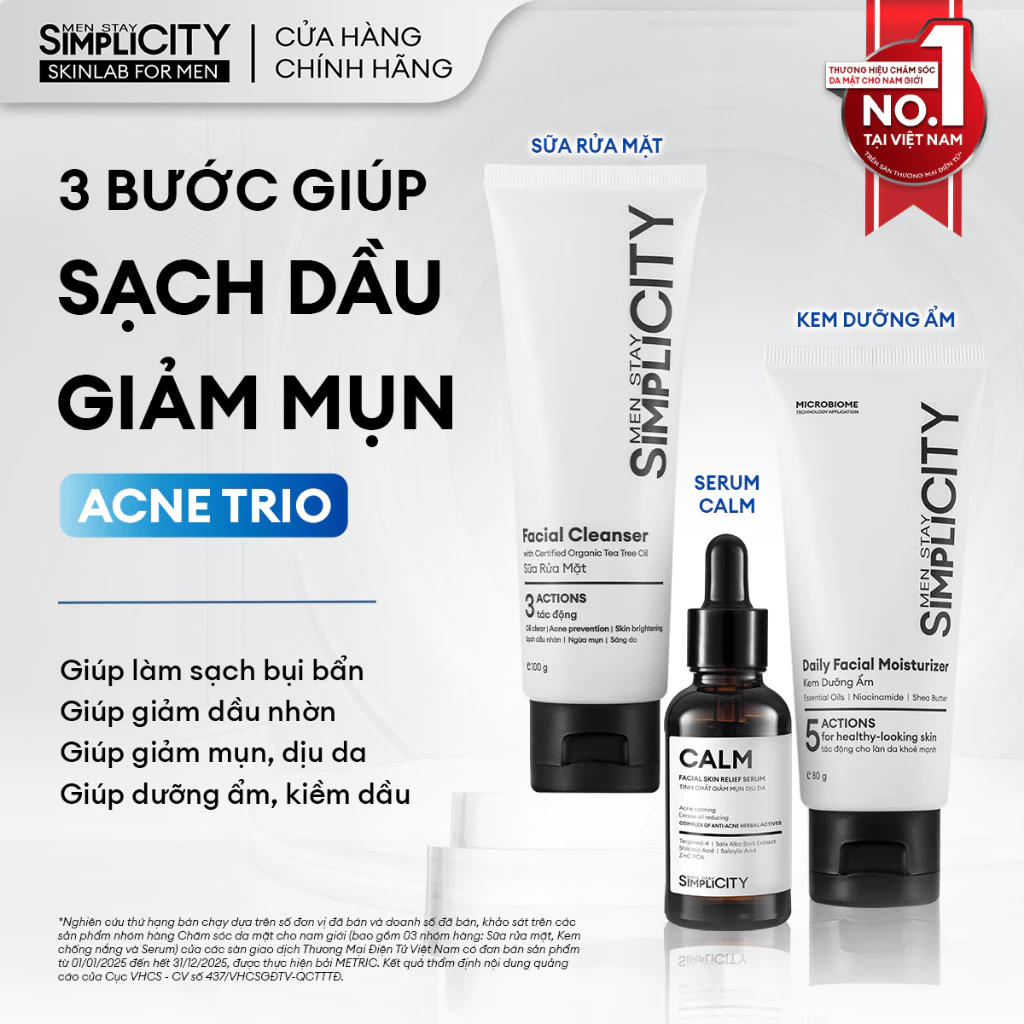 Combo Acne Trio chăm da dầu mụn cho nam Men Stay Simplicity: Sữa rửa mặt 100g, Serum Calm 30ml, Kem dưỡng ẩm 80g
