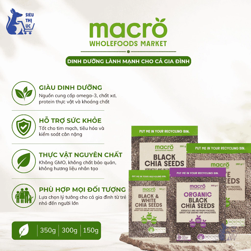 Hạt Chia Úc Macro | Nhiều Loại | Đen – Đen & Trắng – Organic