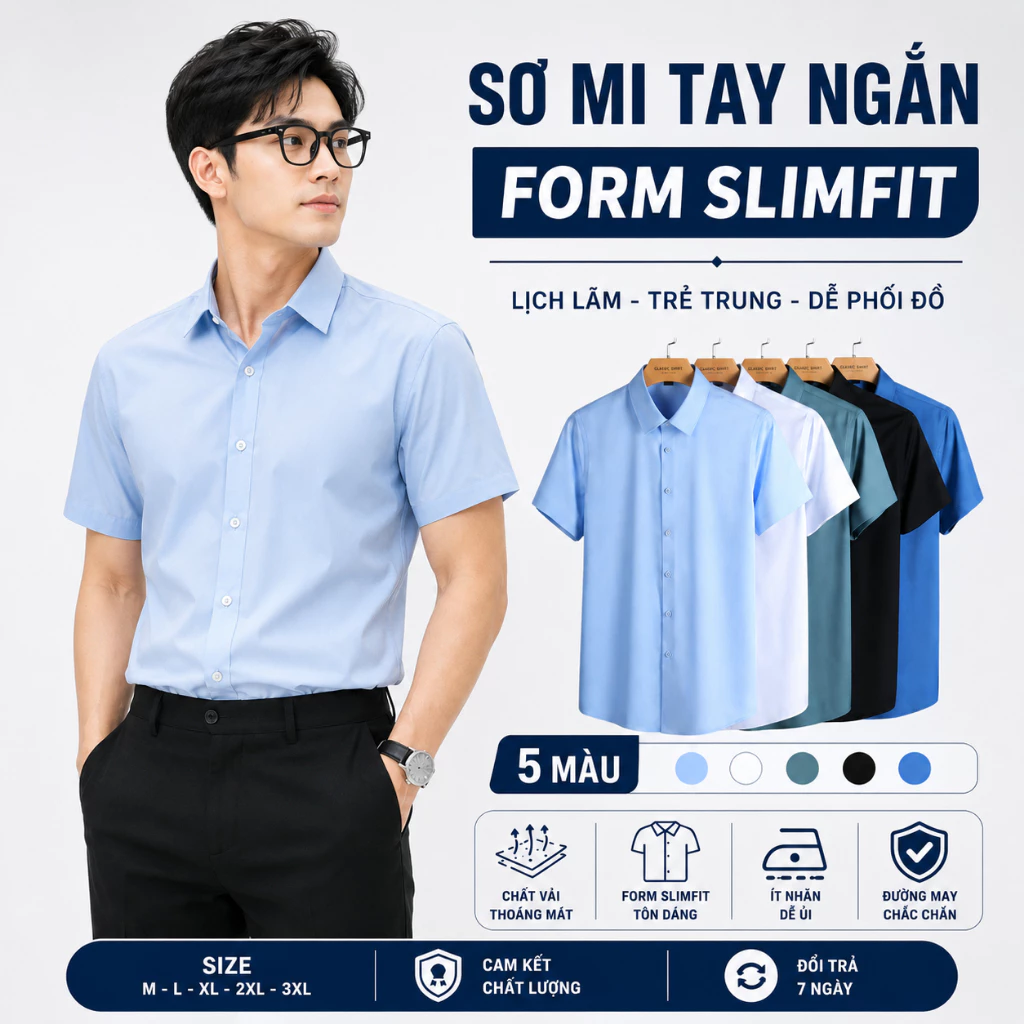 Áo Sơ Mi Nam Tay Ngắn Cổ Bè GEN ALPHA GEN468 - Chất Lụa Cotton Hàn Quốc Co Giãn Thoải Mái Công Sở