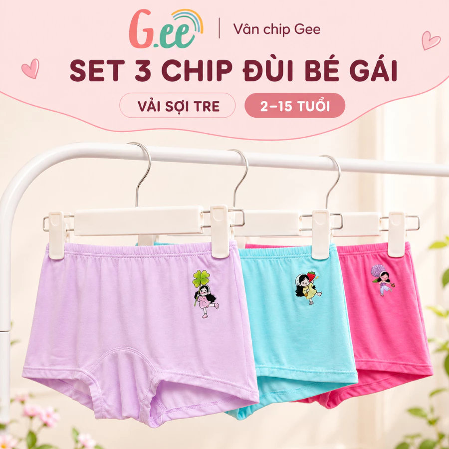 Set 3 quần chip bé gái nữ, quần lót dáng đùi bé gái vải sợi tre mềm mát cho bé 2 đến 15 tuổi