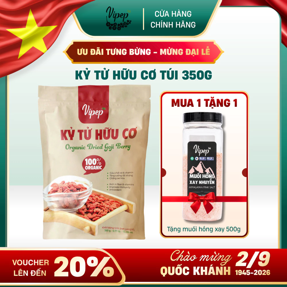 Kỷ Tử Hữu Cơ Ninh Hạ Vipep Túi 350g - Nguyên Liệu Trà Dưỡng Sinh, Tốt Sức Khỏe Sắc Đẹp- Gia vị Vipep