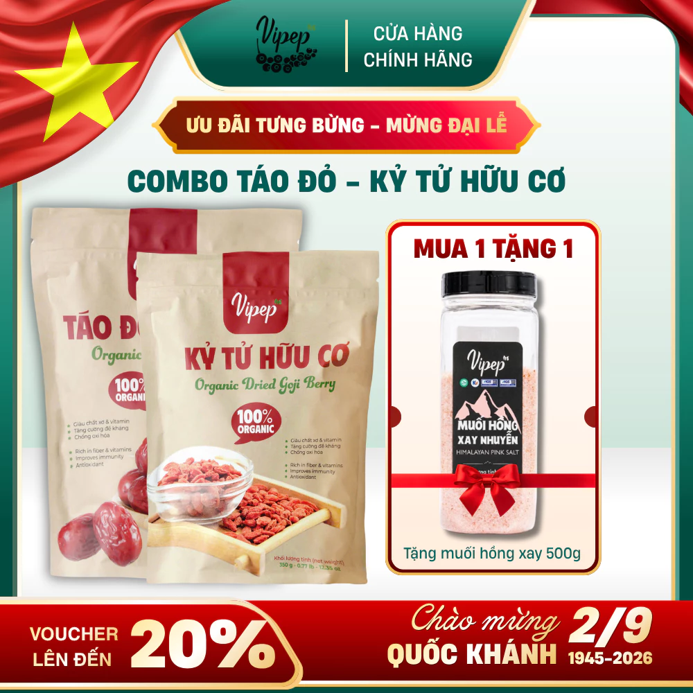 Combo Túi Táo Đỏ Hữu Cơ Tân Cương 280g & Kỷ Tử Hữu Cơ Ninh Hạ 350g Vipep Quả Khô Dưỡng Sinh