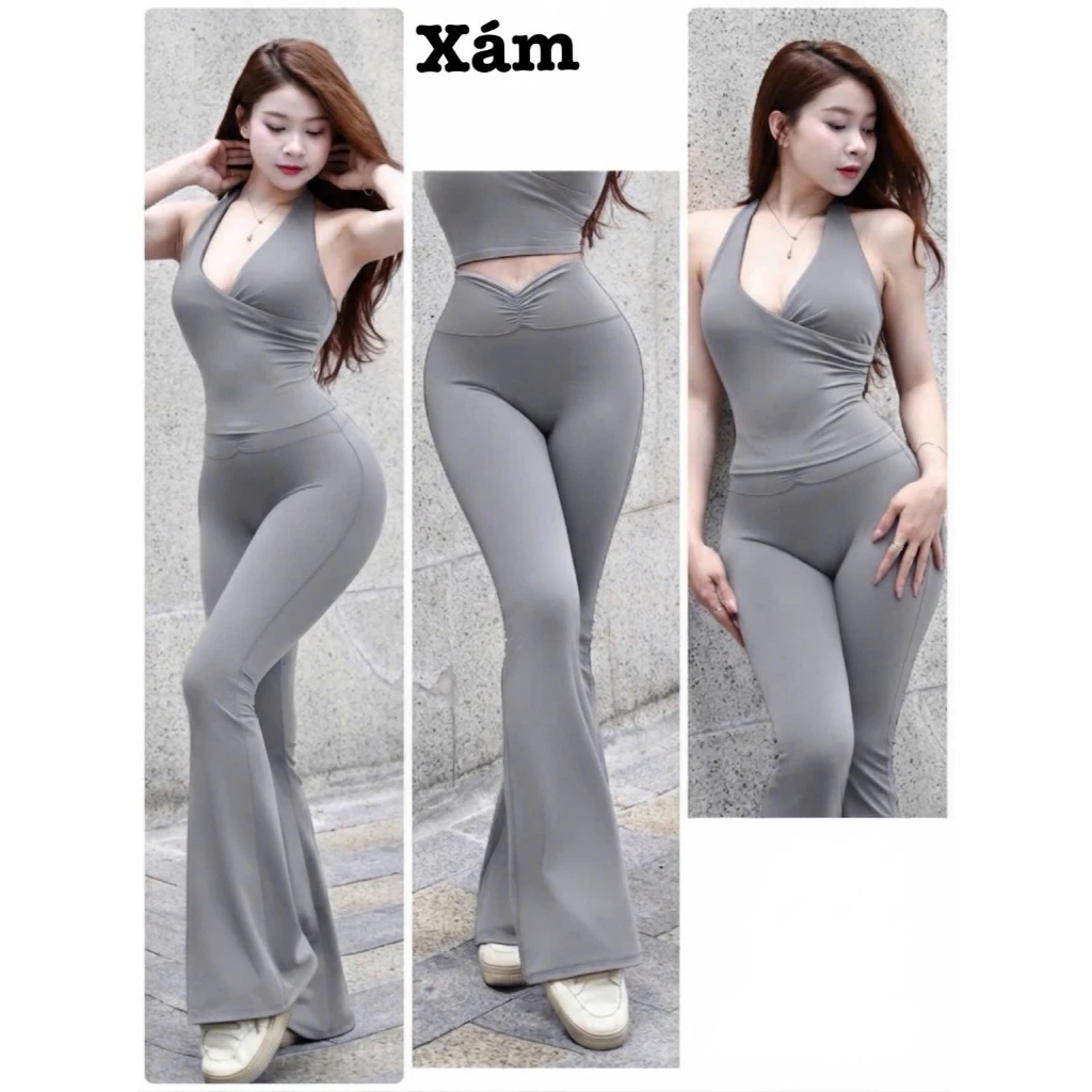 Set Dài Ống Loe Áo Đắp Chéo Tôn Vòng 1, Tập Gym, Yoga, Pilates, Aerobic