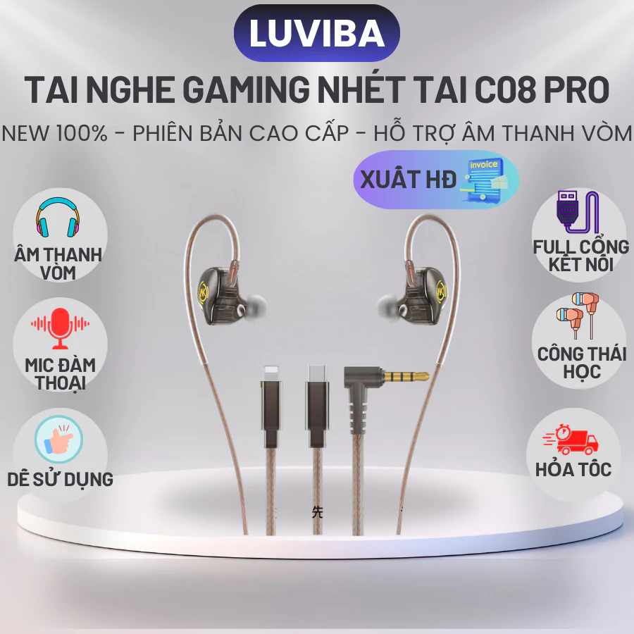 Tai nghe có dây Gaming cho pc laptop điện thoại, tai nghe nhét tai in ear dây dù có mic LUVIBA C08