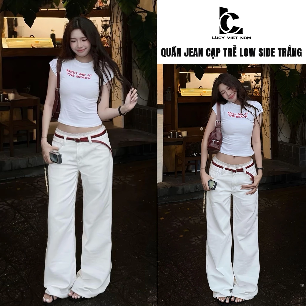 Quần Jean Nữ Cạp Trễ Trắng Ống Rộng 26 28cm Low Rise Wide Leg Jeans Form Suông AVO AVOCADO