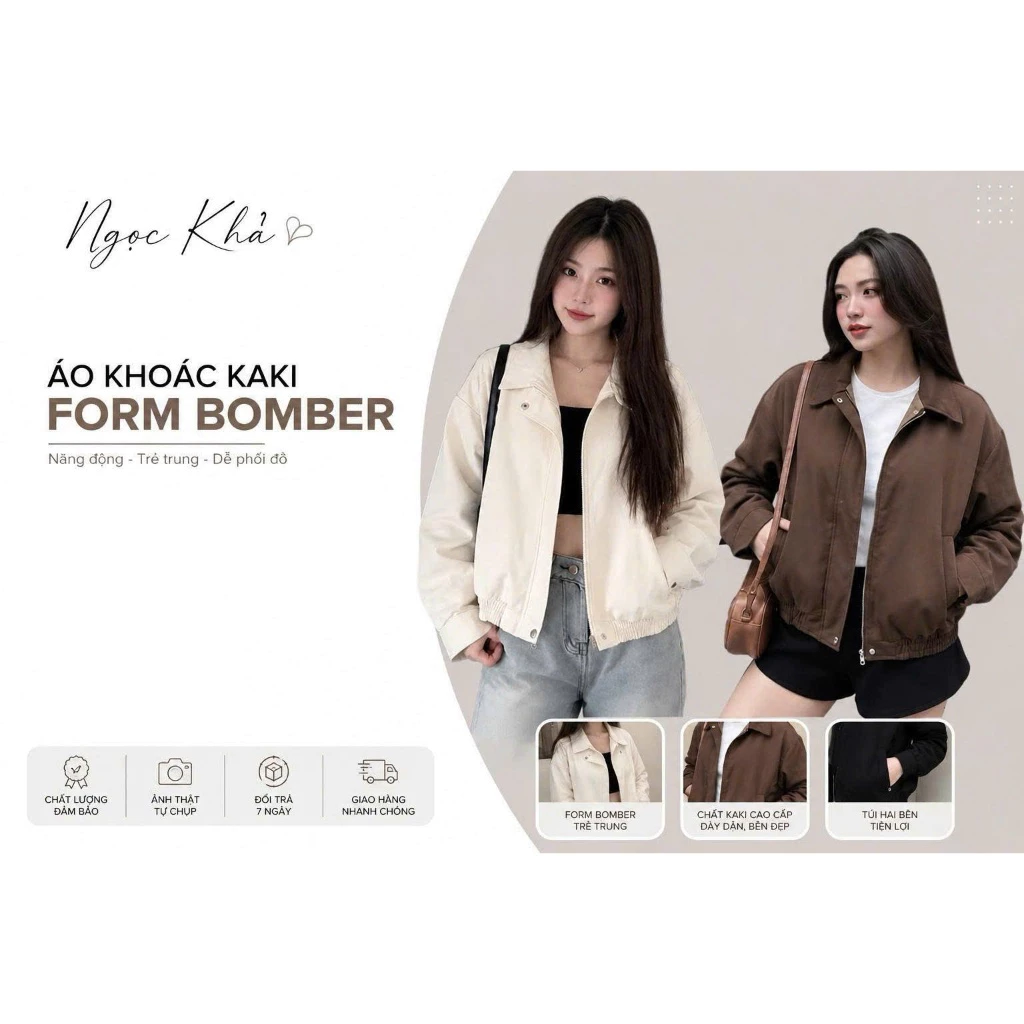 Áo Khoác Kaki Nữ Dáng Bomber – Kaki Cao Cấp Dày Đẹp, Form Vừa Chuẩn Dáng, Basic Hàn Quốc Trẻ Trung