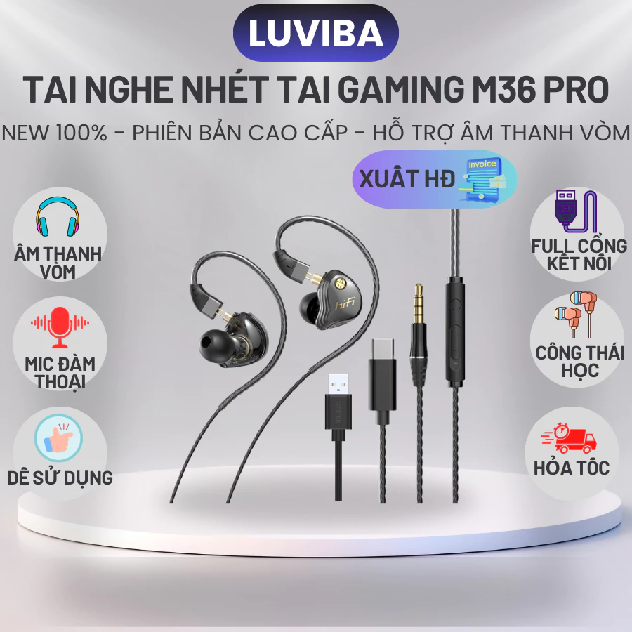 Tai nghe Gaming có dây cho pc laptop điện thoại, tai nghe nhét tai in ear dây dù có mic LUVIBA M36