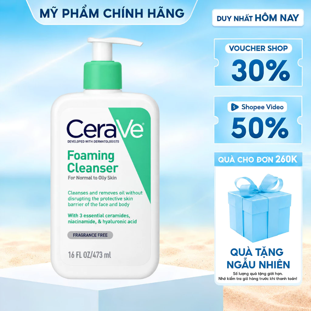 Sữa Rửa Mặt CeraVe 473ml Foaming Cleanser Làm Sạch Kiềm Dầu Cho Da Thường Da Dầu 473ml