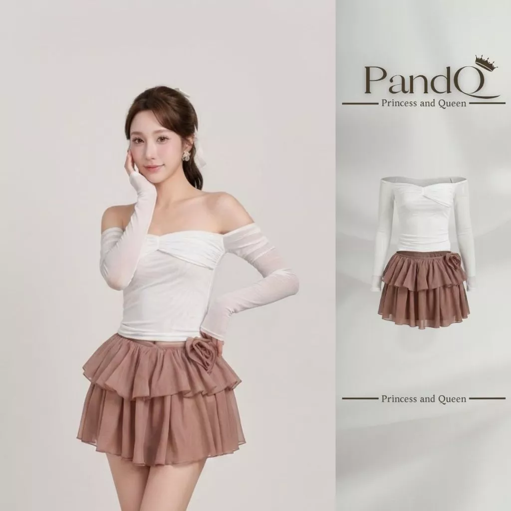 Set Đồ Nữ PandQ Áo Trễ Vai Nhún Ngực Tay Dài Phối Chân Váy Voan Xếp Tầng Đính Hoa Tôn Dáng - SERIN