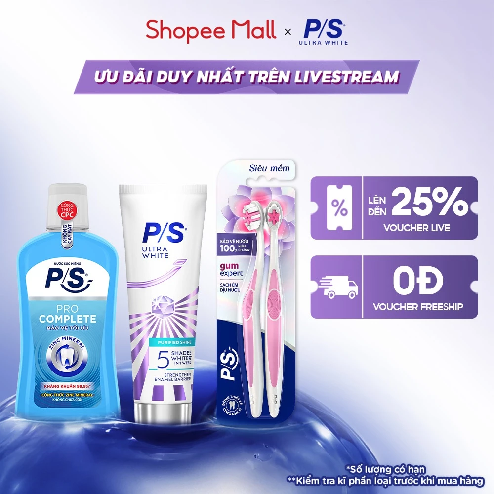 [LIVE] Kem đánh răng P/S Ultra White Trắng Bật 5 Tông 100g+Bộ 2 Bàn Chải P/S Chăm Sóc Nướu+Nước Súc Miệng P/S 500ml