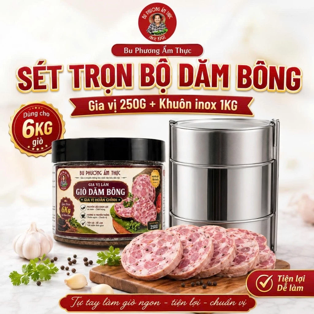 Sét Trọn Bộ Dăm Bông (Hộp Gia Vị - Khuôn Làm Giò) - Thương Hiệu Bu Phương Ẩm Thực (Làm Cho 6kg Giò)