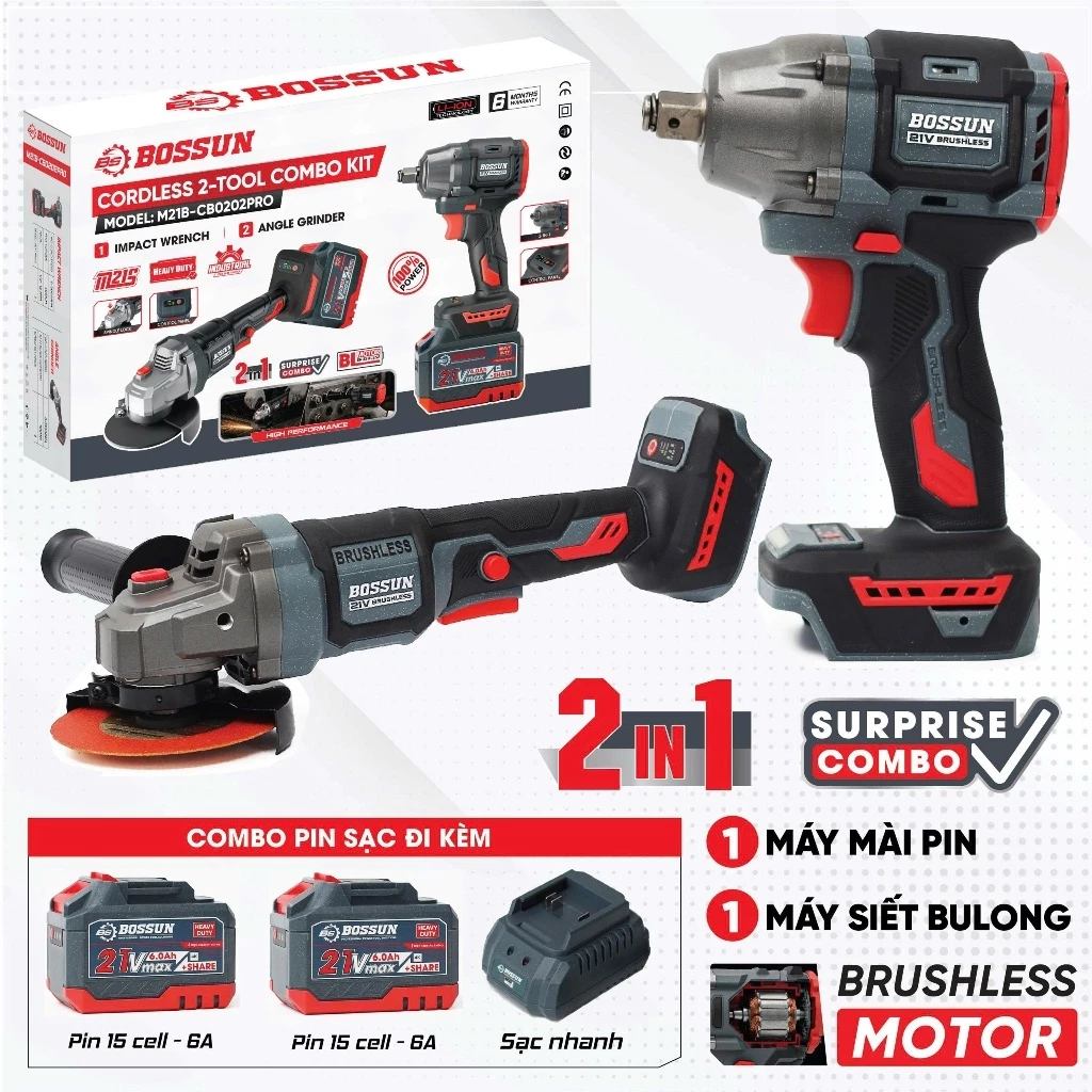 Combo máy siết bulong và máy mài góc pin Bossun M21B-CB0202PRO Máy siết bulong 400Nm & Máy mài góc 7900v/p, Chân pin M21