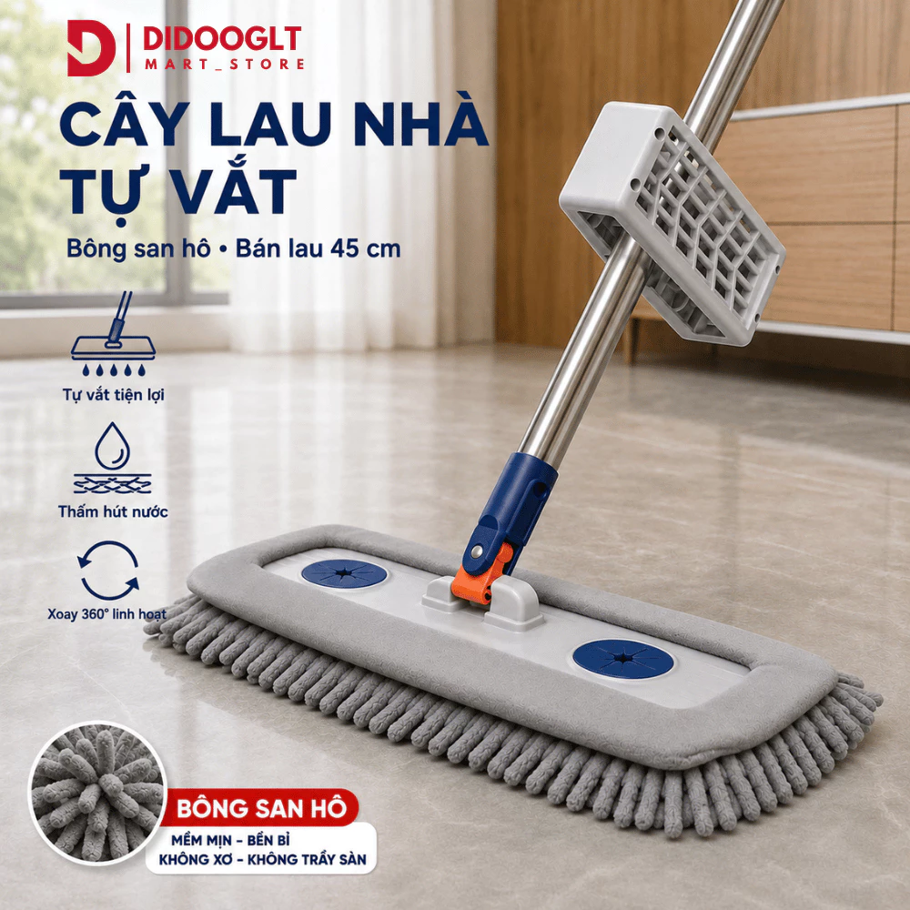Cây Lau Nhà Tự Vắt DIDOOGLT Đầu Xoay 360 Độ, Bông San Hô Siêu Thấm Hút, Dùng Cho Cả Lau Khô Và Ướt
