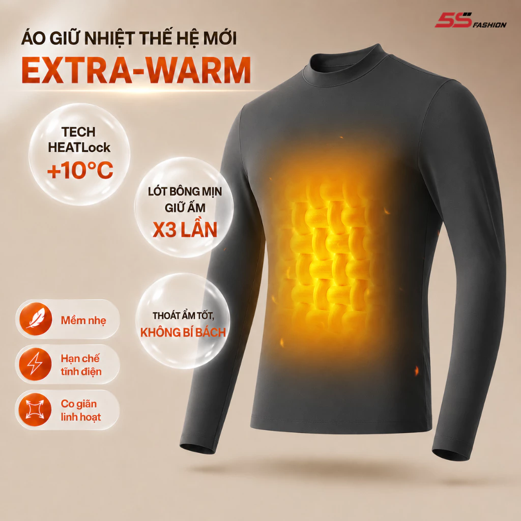 [GIÁ MỞ BÁN] Áo Giữ Nhiệt Nam HEATLock ETRA-WARM 5S FASHION Lót Bông Nỉ Cực Ấm, Trơn Basic M0AGN25105-25102