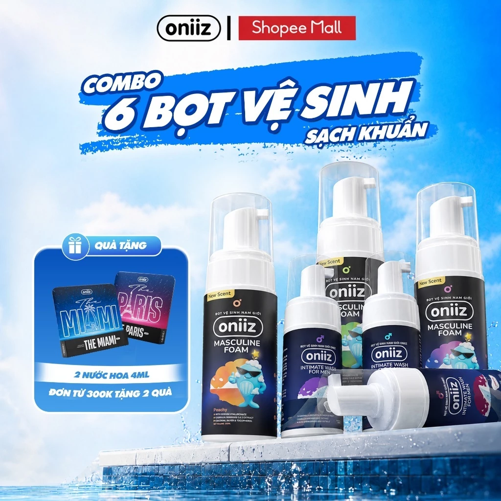 Bộ 6 Bọt vệ sinh nam Oniiz, Combo 3 Bọt vệ sinh, Dung dịch Masculine Foam Plus hương nước hoa, cocktail 100ml và 145ml