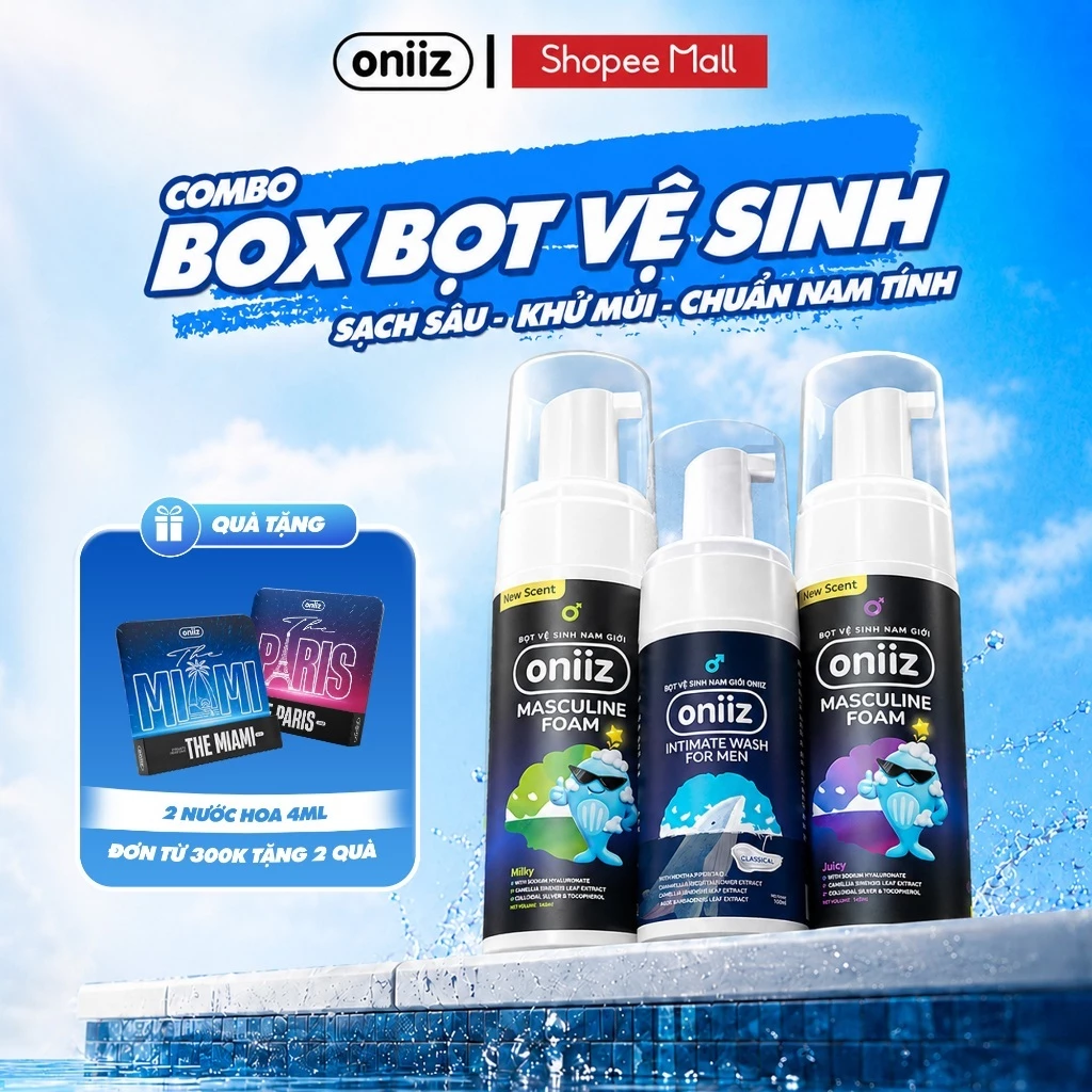 Quà Tặng Nam Giới Oniiz - Box Skincare 3 bọt vệ sinh nam giới 100ml, Box Sạch chuẩn men 3 bọt Plus Masculine Foam 145ml