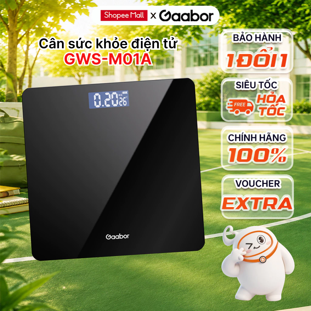 Cân điện tử sức khỏe Gaabor GWS-M01A mặt kính cường lực sạc pin màn hình LED hiển thị nhiệt độ kèm thước dây