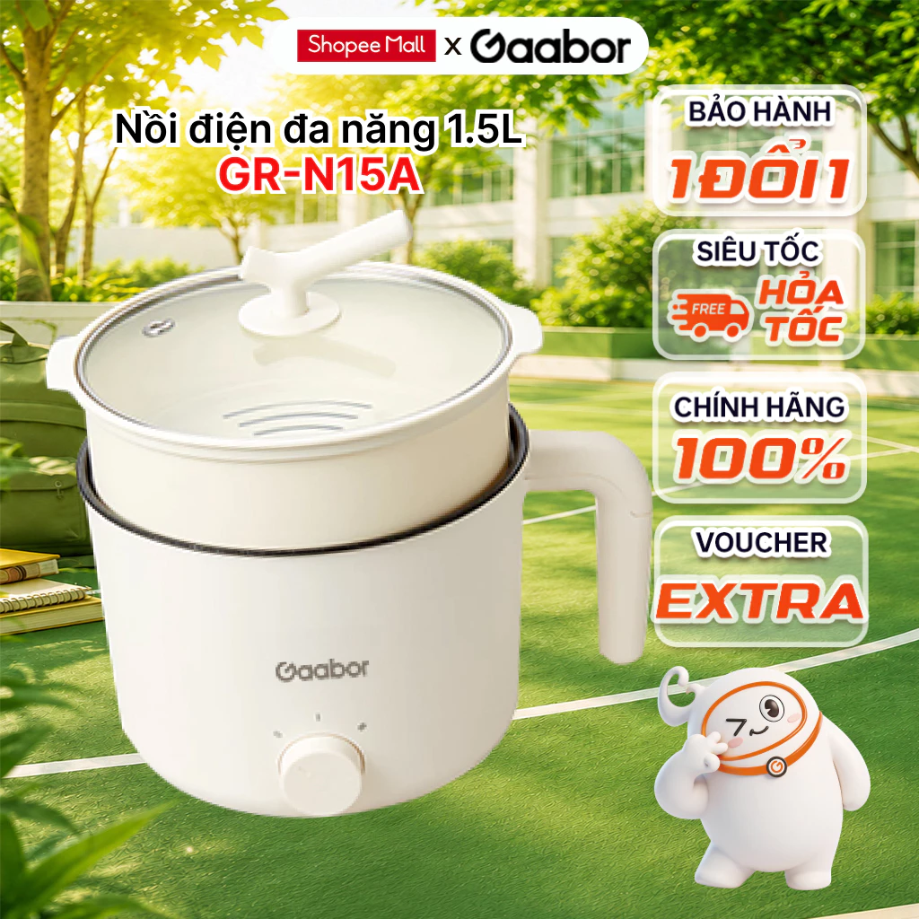 Gaabor Nồi điện đa năng GR-N15A nồi lẩu mini 1.5L chống dính công suất 600W 2 mức nhiệt kèm xửng hấp