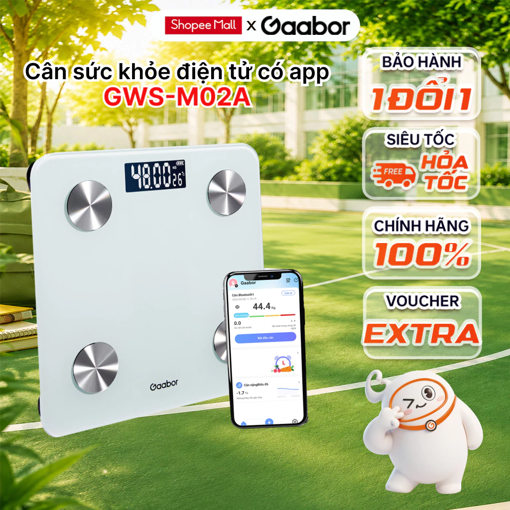 Gaabor Cân điện tử GWS-M02A cân sức khỏe thông minh có app màn hình LED pin 150mAh tặng thước dây