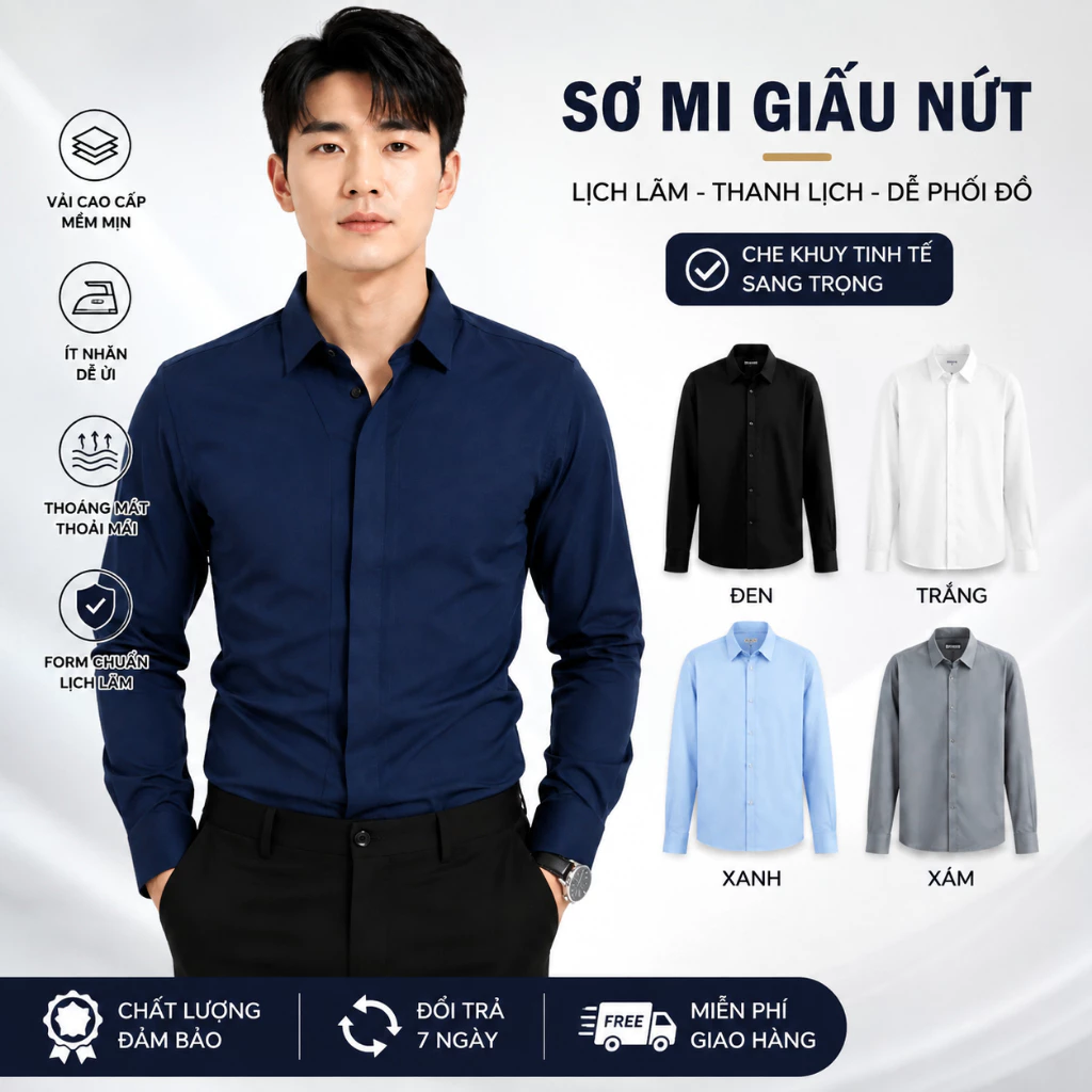 Áo Sơ Mi Nam Dài Tay Giấu Nút Vải Lụa Chéo GEN ALPHA Cổ Đức Sang Trọng Chống Nhăn Cao Cấp GEBR4