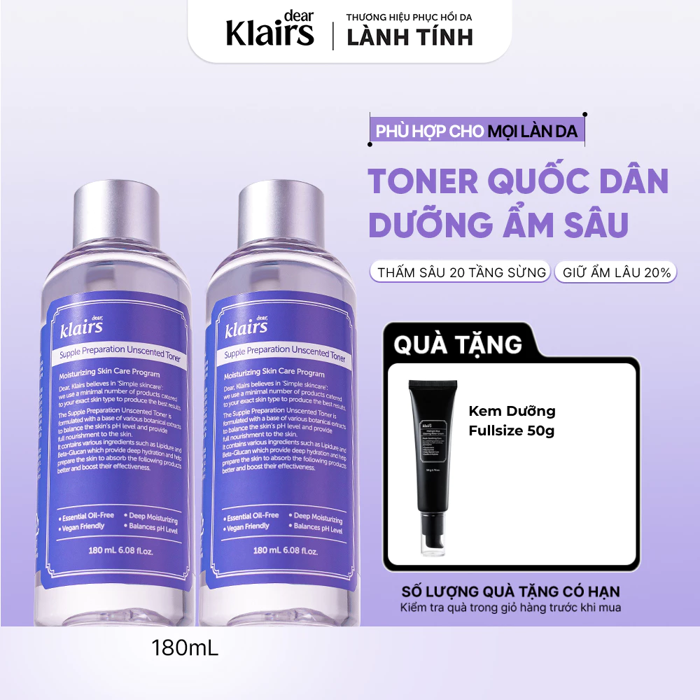 [ĐQ] Combo 2 Nước hoa hồng Dear, Klairs Supple Preparation Unscented Toner 180ml cấp ẩm cho mọi loại da