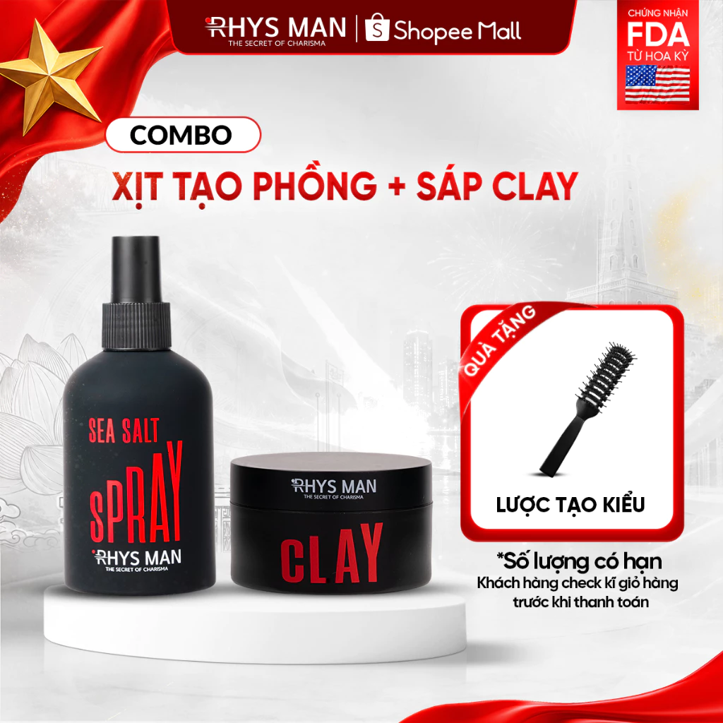 Combo Xịt tạo phồng tóc 200ml & Sáp vuốt tóc 3S Airy Texture Clay 90g Rhys Man