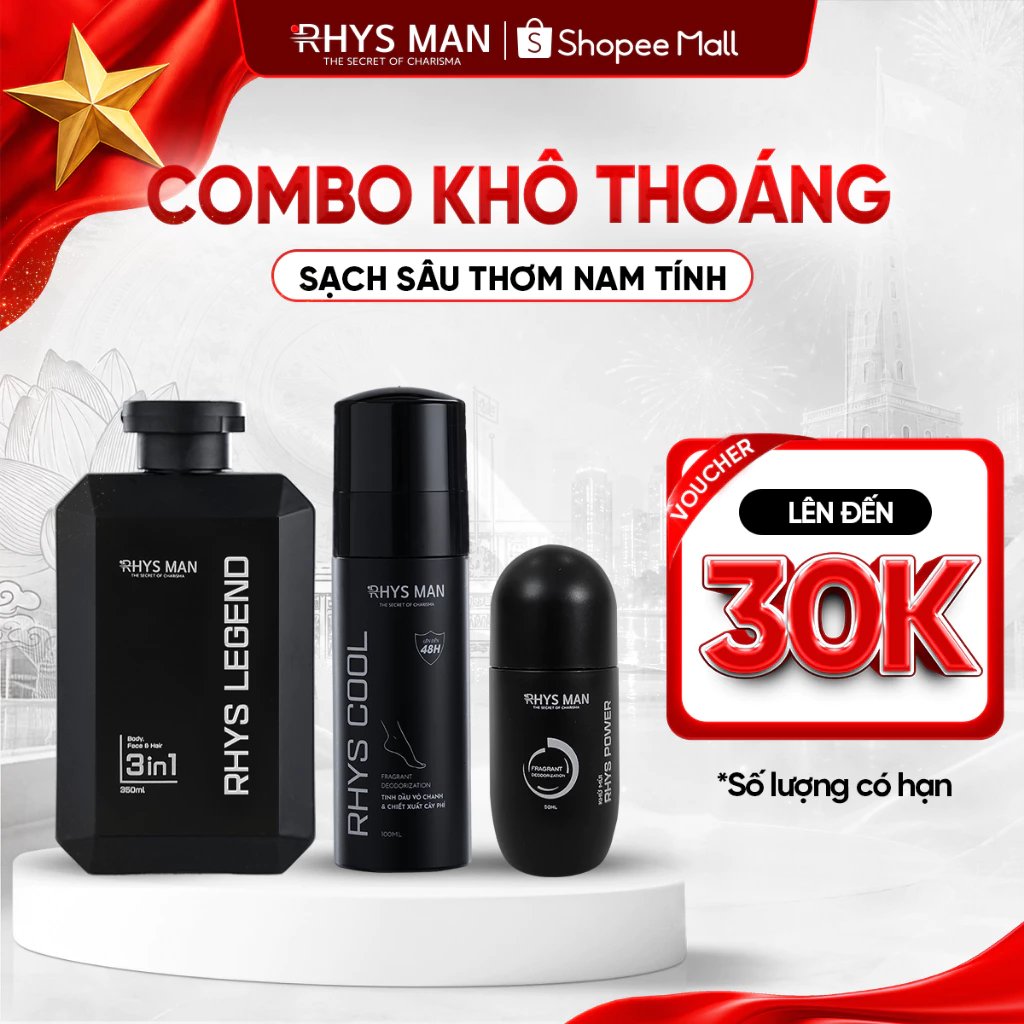 Combo Sữa tắm gội nam 3in1 350g & Xịt khử mùi chân 100ml & Lăn khử mùi 50ml Rhys Man - Combo Khô Thoáng