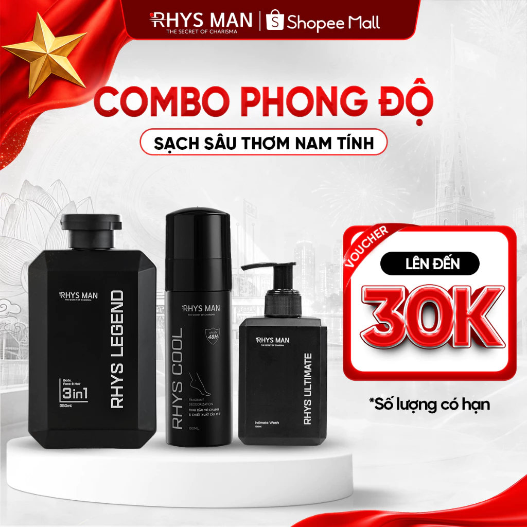 Combo Sữa tắm gội nam 3in1 350g & Dung dịch vệ sinh 120ml & Xịt khử mùi chân 100ml Rhys Man - Combo Phong Độ