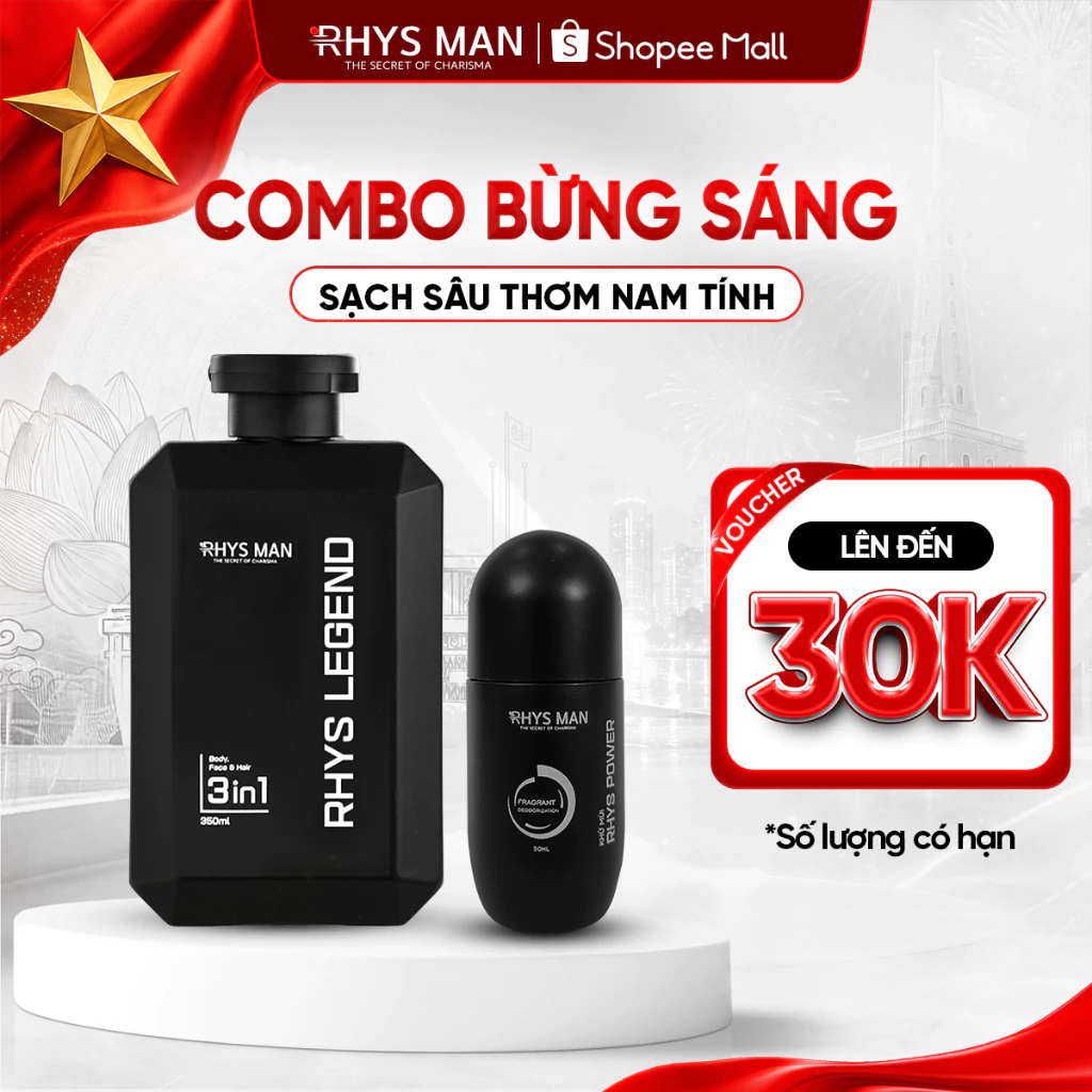 Combo Sữa tắm gội nam 3in1 Rhys Noble 350ml & Lăn khử mùi 50ml Rhys Man - Combo Bừng Sáng