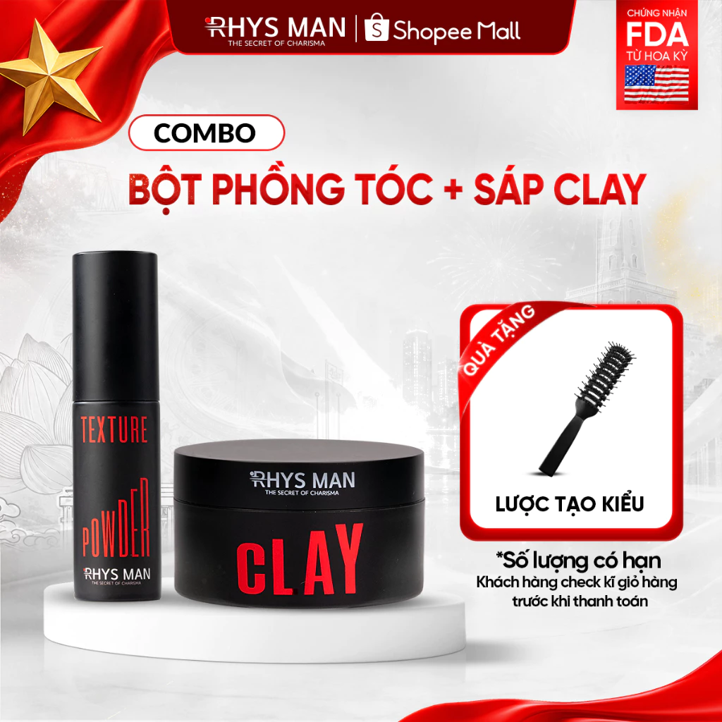 Combo Bột phồng tóc 7g & Sáp vuốt tóc Clay 90g Rhys Man