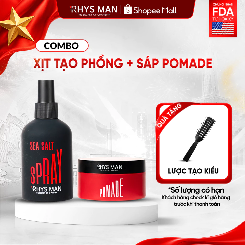 Combo Xịt tạo phồng tóc 200ml & Sáp vuốt tóc Pomade 90g Rhys Man