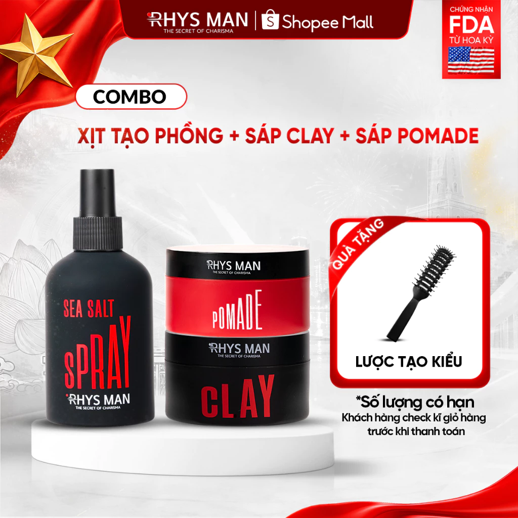 Combo Xịt tạo phồng tóc 200ml & Sáp vuốt tóc Pomade & Clay 90g Rhys Man
