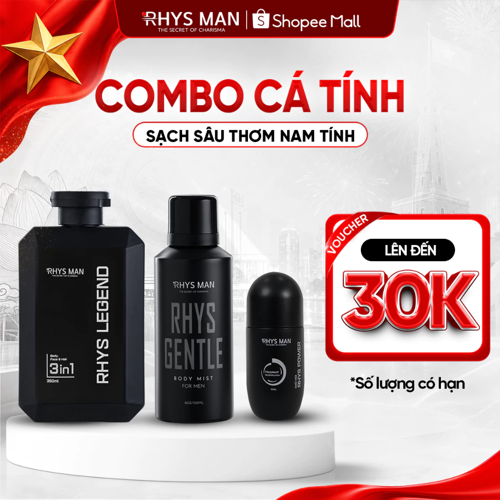 Combo Sữa tắm gội nam 3in1 Rhys Noble 350ml & Body mist 120ml & Lăn khử mùi 50ml Rhys Man - Combo Cá Tính