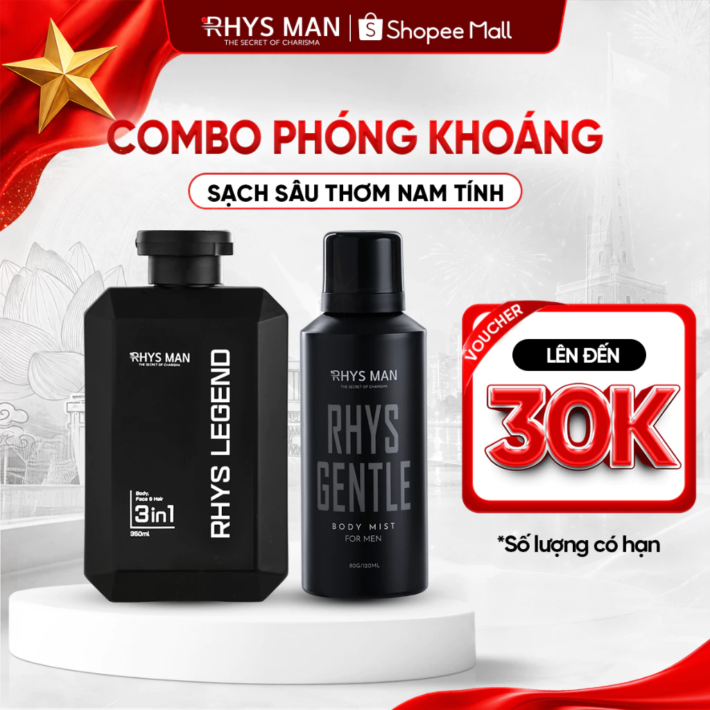 Combo Sữa tắm gội nam 3in1 Rhys Noble 350ml & Body mist 120ml Rhys Man - Combo Phóng Khoáng