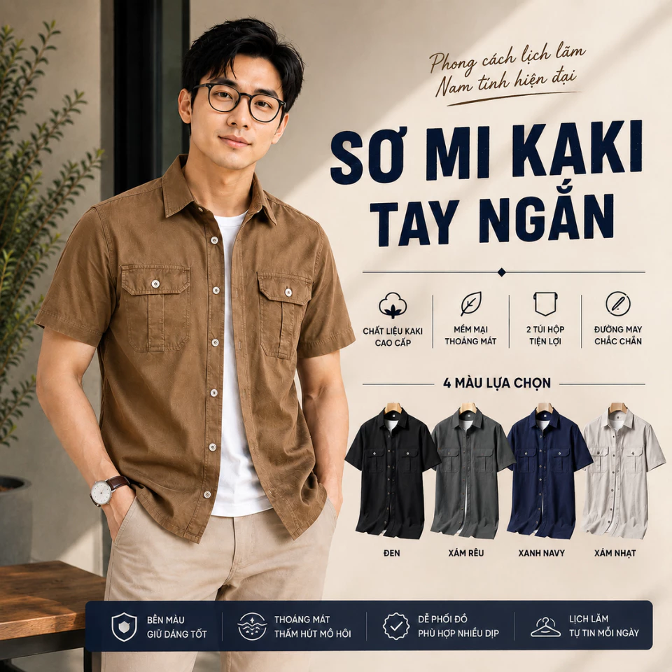 o Sơ Mi Kaki Tay Ngắn Nam 2 Túi Hộp, Form Đẹp Trẻ Trung, Vải Kaki Cao Cấp Thoáng Mát, Áo Sơ Mi Nam 6 Màu MISFIT