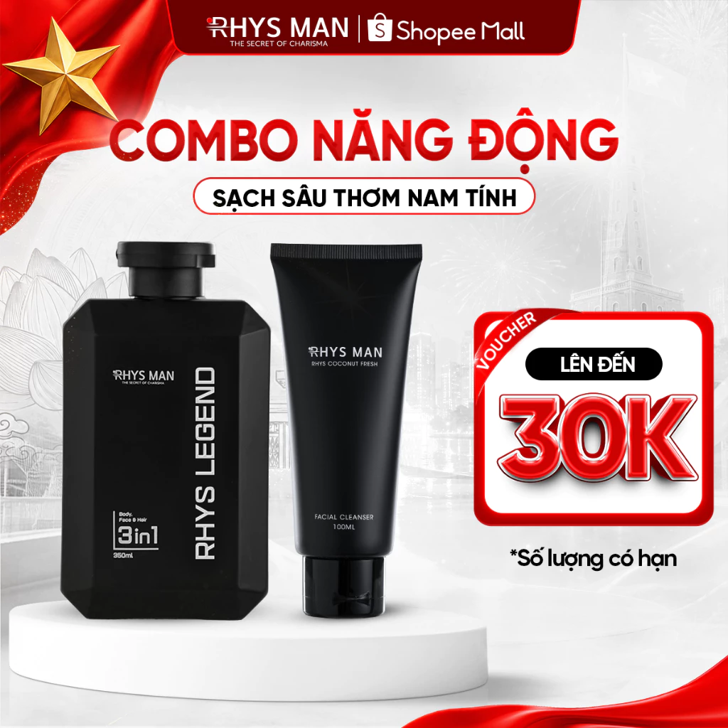 Combo Sữa tắm gội nam 3in1 350ml & Sữa rửa mặt nam 100ml Rhys Man - Combo Năng Động