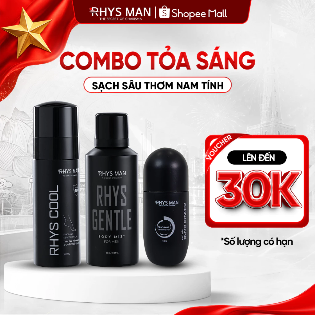 Combo Lăn khử mùi nam 50ml & Xịt khử mùi chân 100ml & Body mist nam 120ml Rhys Man - Combo Tỏa Sáng