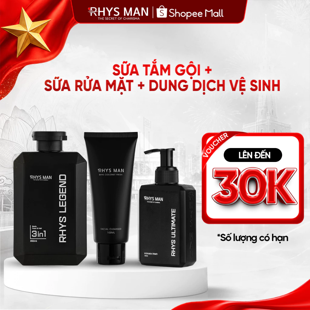 Combo Sữa tắm gội nam 3in1 350ml & Dung dịch vệ sinh nam 120ml & Sữa rửa mặt nam 100ml Rhys Man