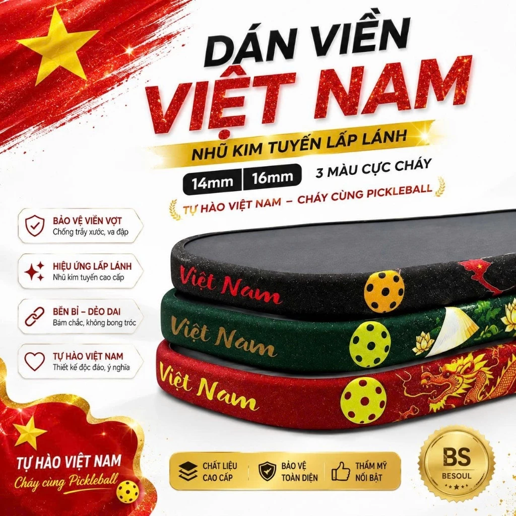 Dán Viền VIỆT NAM nhũ KIM TUYẾN Lấp Lánh 14mm 16mm 3 màu cực cháy chất liệu cao cấp bền bỉ bảo vệ BS