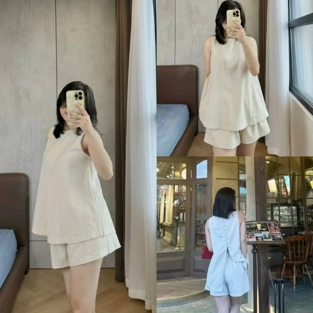(Xả Kho): Set Linen Sát Nách Cúc Lưng Xẻ Sau Mix Quần Đùi Cũng Tone -ẢNh Thật Lollaye