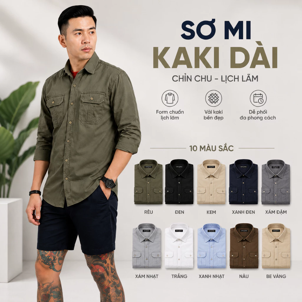 Áo Sơ Mi Kaki Nam Tay Dài MISFIT 2 Túi, Vải Kaki Cotton Co Giãn, Form Đẹp Công Sở Đi Chơi
