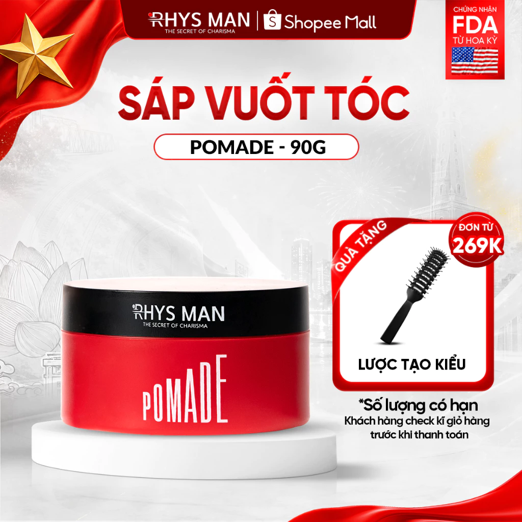 Sáp vuốt tóc Rhys Man 3S Pomade 90g tạo kiểu tự nhiên