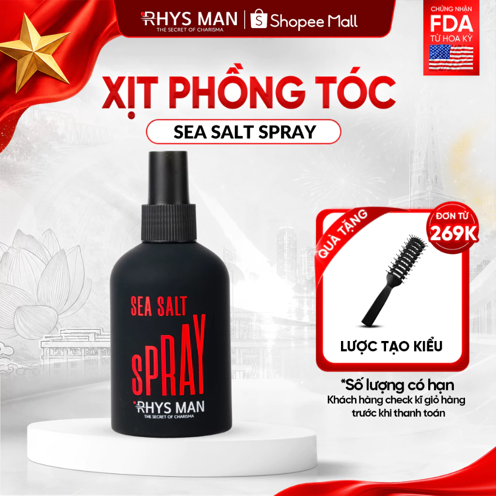 Xịt tạo phồng tóc Rhys Man 3S Sea salt Spray 200ml, tạo kết cấu và độ phồng tự nhiên