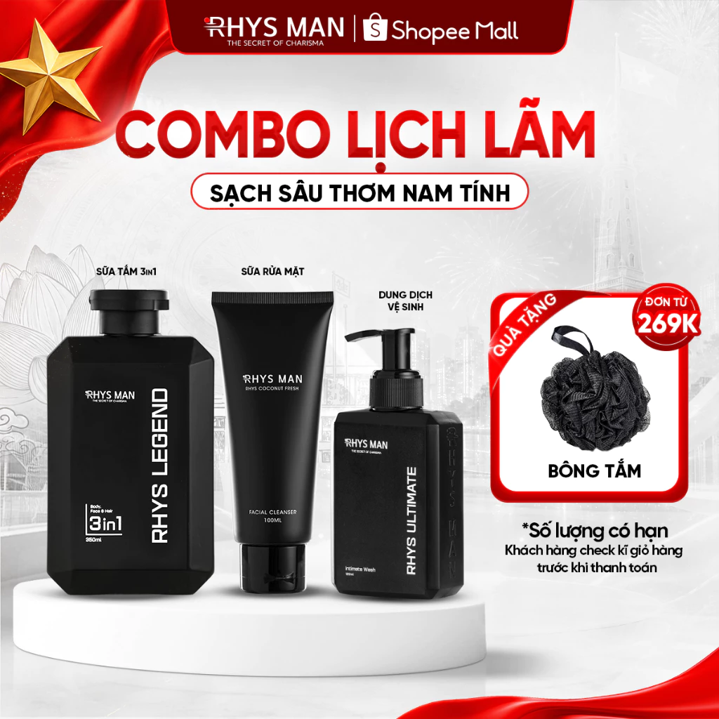 Combo Sữa tắm gội nam 3in1 350ml & Sữa rửa mặt nam 100ml & Dung dịch vệ sinh nam 120ml Rhys Man - Combo Lịch Lãm