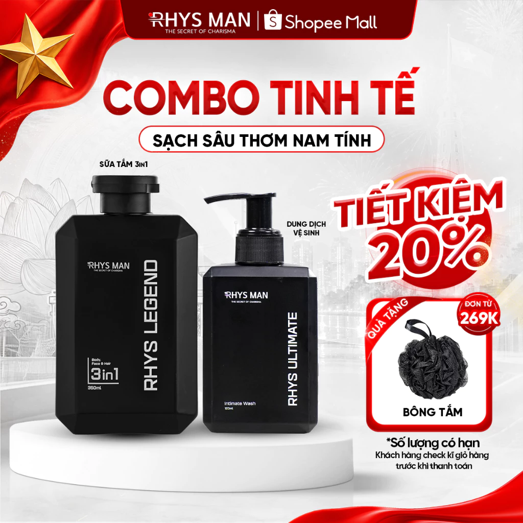 Combo Sữa tắm gội nam 3in1 350ml & Dung dịch vệ sinh nam 120ml Rhys Man - Combo Tinh Tế
