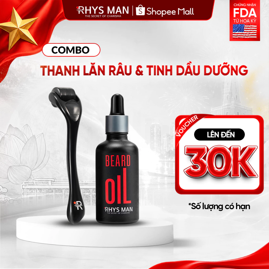 Combo Thanh lăn râu & Dầu dưỡng râu 50ml - Bộ chăm sóc râu toàn diện Rhys Man