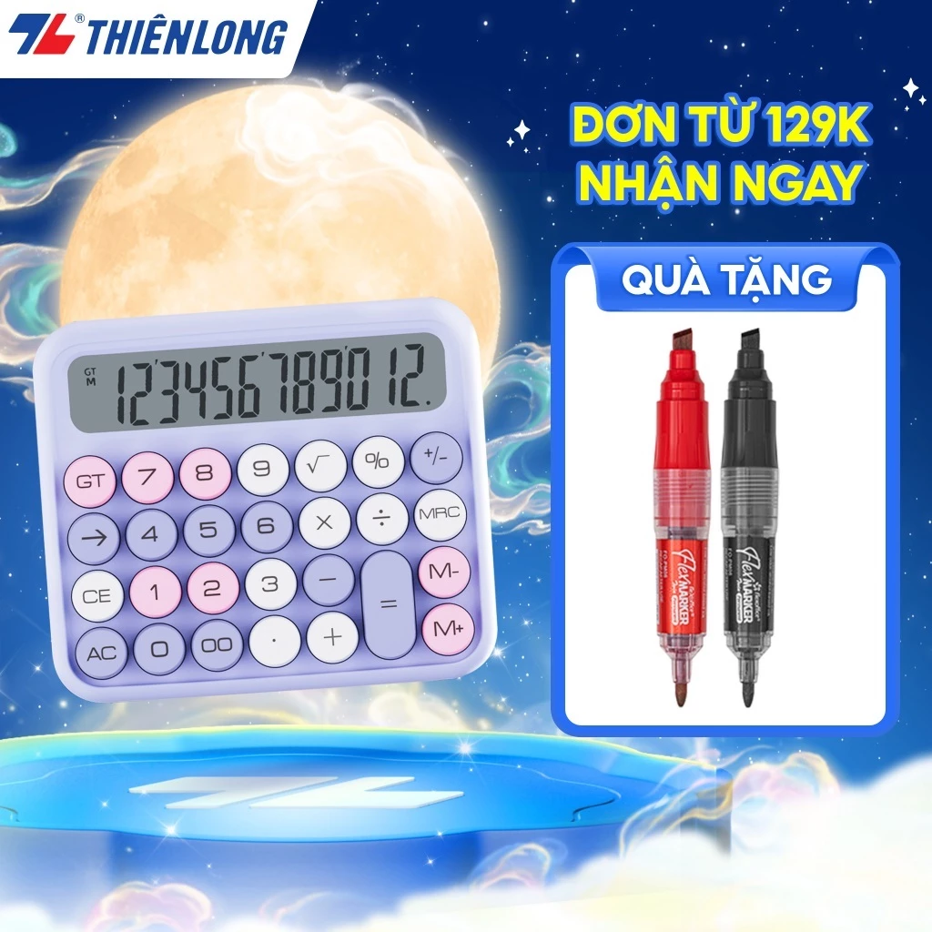 Máy tính văn phòng Thiên Long Flexio CAL-011 Màu sắc trẻ trung, màn hình LCD hiển thị 12 số, phím cơ, bảo hành 5 năm
