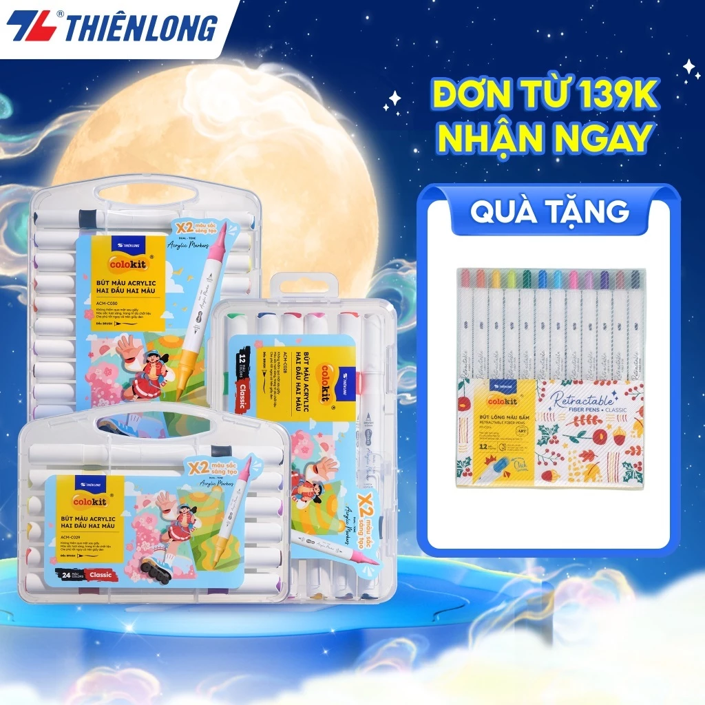 Bộ Bút Hai Đầu 12/24/48 Màu Acrylic Markers Thiên Long Colokit  - Cây 2 đầu, 2 màu mực