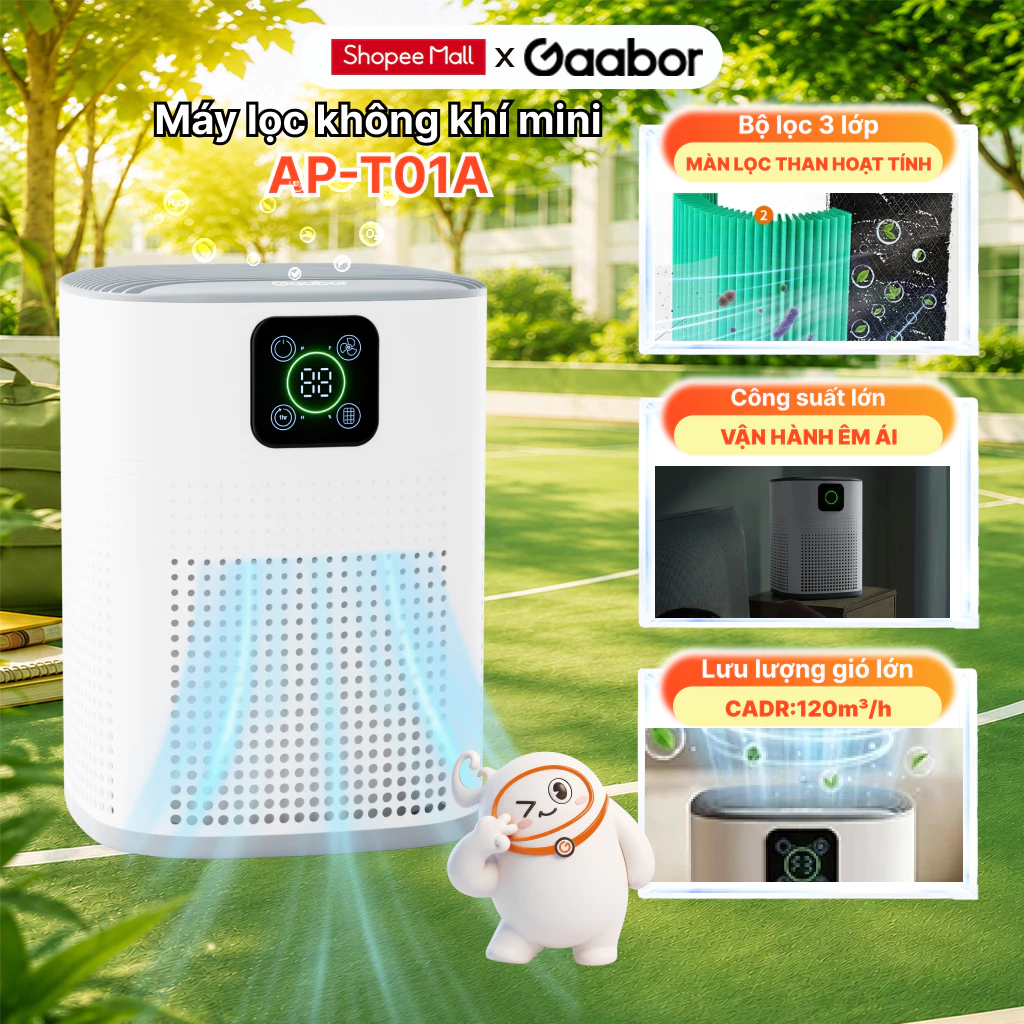 Máy lọc không khí để bàn mini Gaabor AP-T01A lọc bụi mịn PM2.5 hẹn giờ đến 9H diện tích dưới 20m2