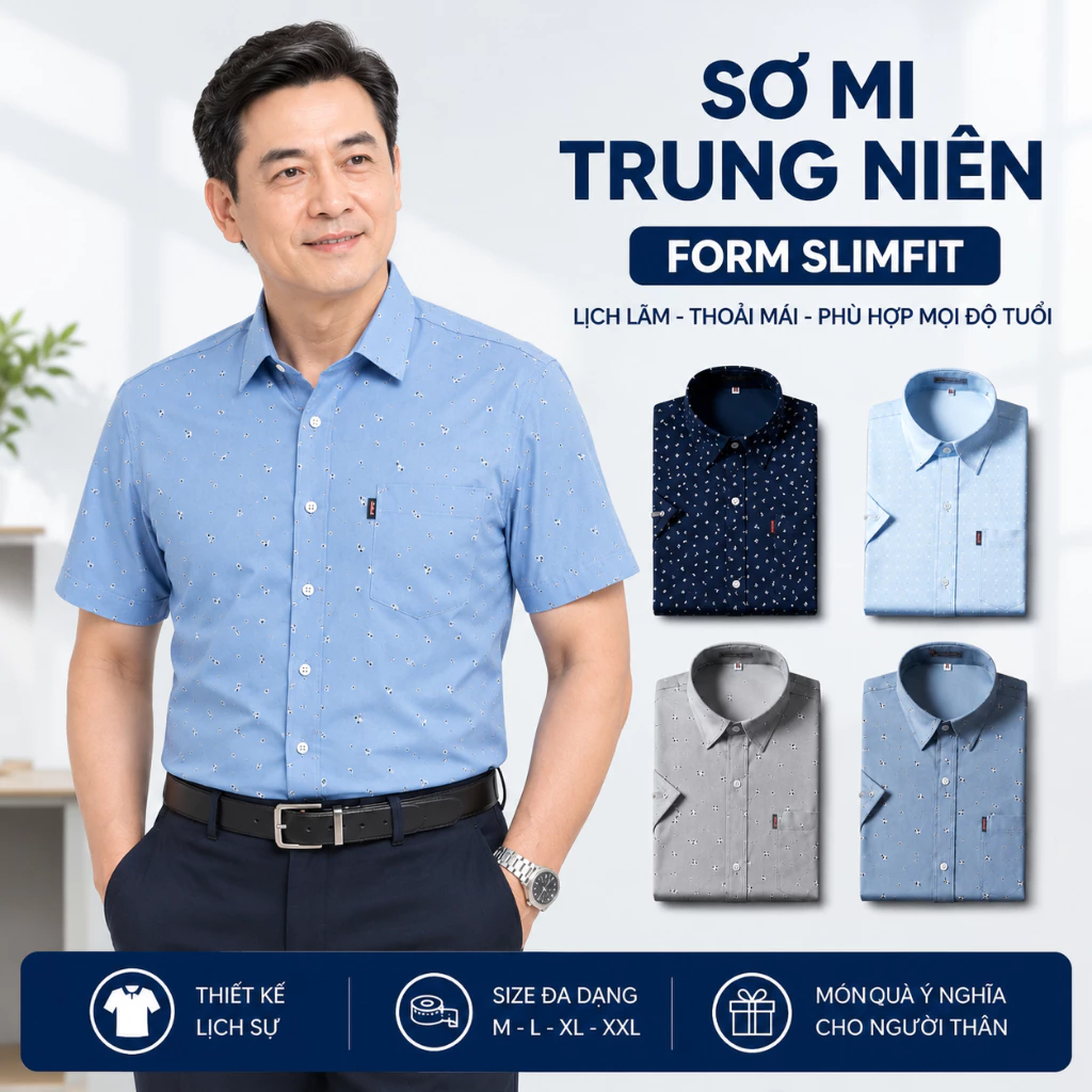 Áo Sơ Mi Nam Tay Ngắn Trung Niên MISFITT Họa Tiết Sang Trọng Chất Lụa Cotton Chống Nhăn Dáng Rộng